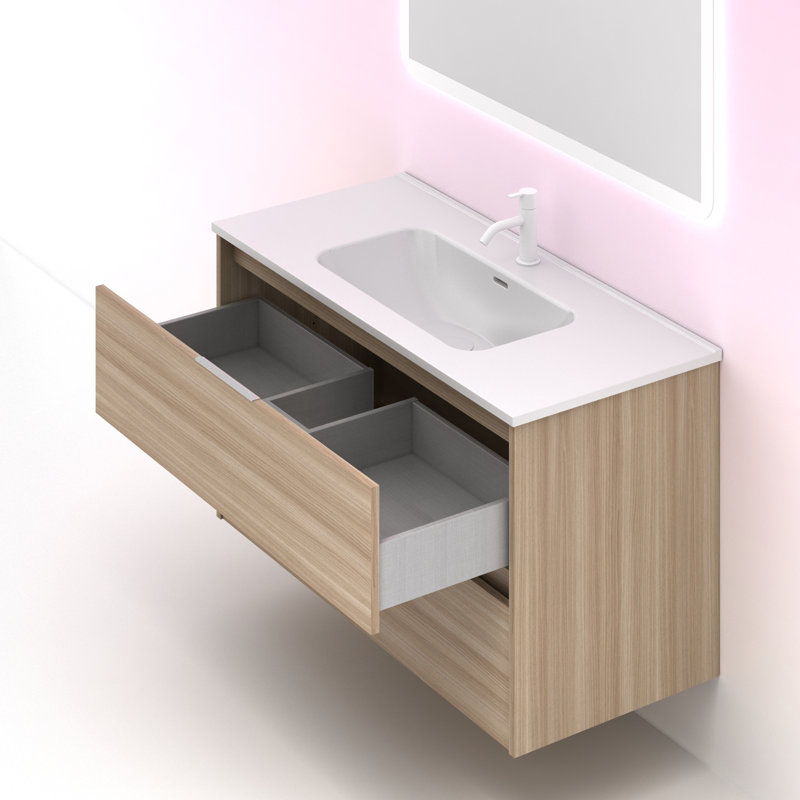 Suki 1000mm Wall Hung Single Bathroom Vanity Unit, Medium Wood, White Glossy