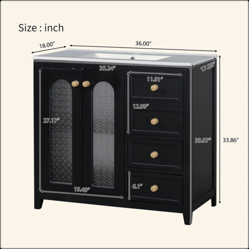 Meuble-lavabo de 36 pouces avec deux portes à fermeture douce, des tablettes réglables et trois tiroirs, Noir