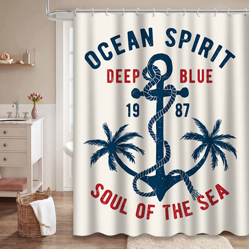 Rideau de douche imperméable à motif palmier rétro avec 12 crochets Sailor's Anchor, L 72 po x l 78 po