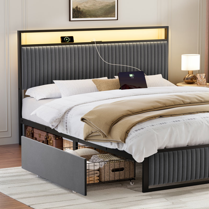 Antioch Upholstered Bed Frame with 2 Storage Drawers, Modern Platform Bed with Charging Station & LED Light, No Spring Box Needed
