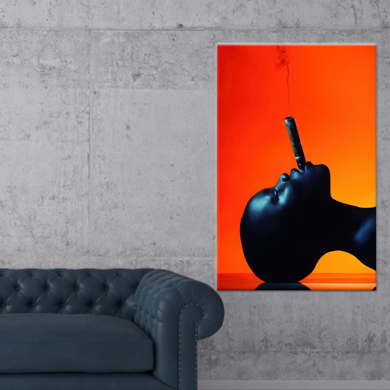 Élégante femme noire fumant sur toile, art mural moderne abstrait, 1P, Hauteur : 102,4 pouces x Largeur : 63,1 pouces
