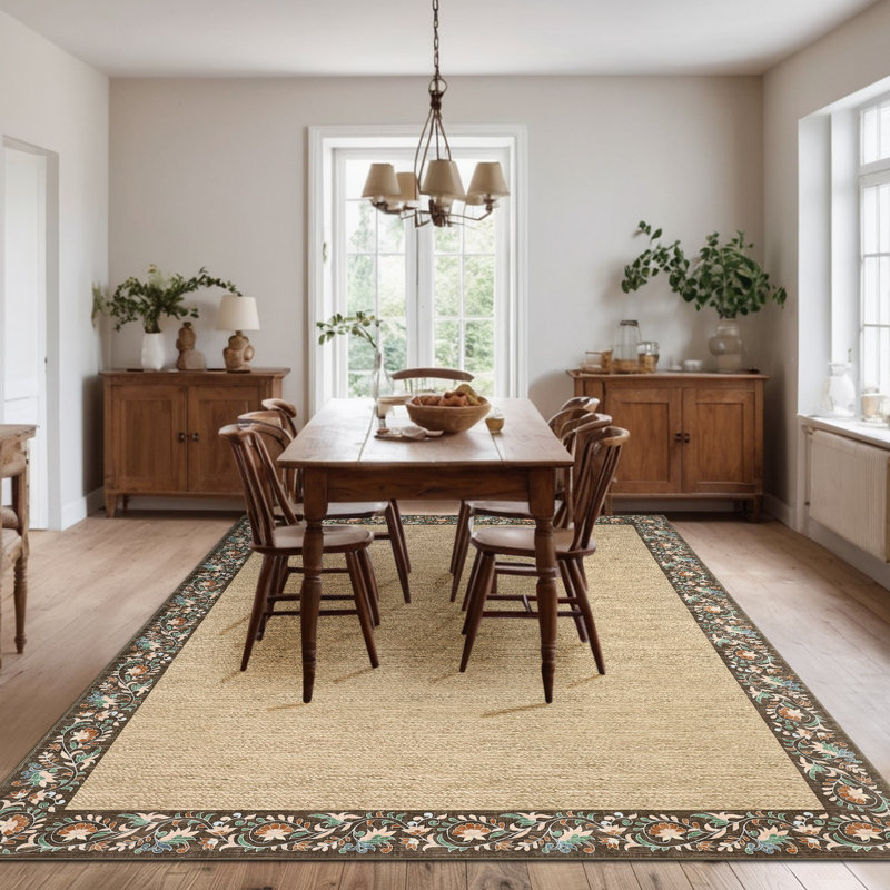 Floral Bordered Machine Washable Rug with Non-Slip Backing Non-Shedding Foldable Soft Low Pile Indoor Carpet