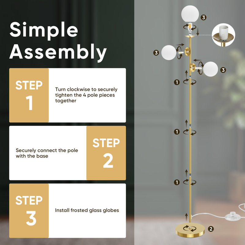 65.7in Modern Gold Globe Floor Lamp, 3-light Standing Tree Lamp With Foot Switch & Frosted Glass Shades