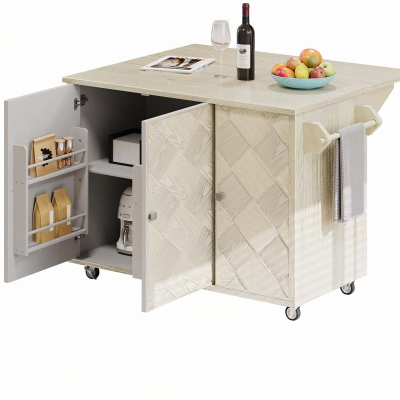 Îlot de cuisine en bois de frêne plaqué de frêne de 51,2 po (papier pas cher) avec abattant, îlot de cuisine sur roulettes avec support de rangement interne, chariot de cuisine roulant, champagne