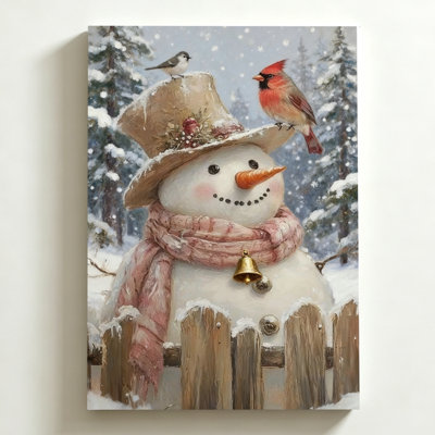 Tableau réaliste à l'huile sur toile représentant un bonhomme de neige et des oiseaux d'hiver, 50 x 75 cm, impression sur châssis, décoration murale blanche et bleue évoquant la sérénité enneigée pour le salon, la chambre et le couloir.