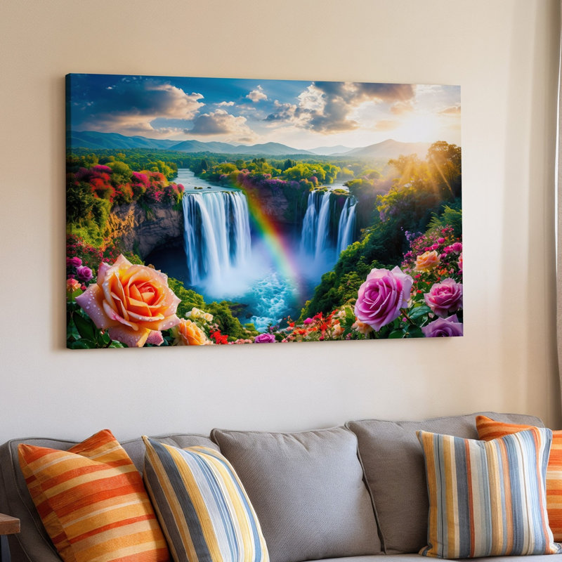 Reproduction d'art sur toile, "Un paysage fantaisiste éclatant avec une cascade majestueuse en cascade", "Falaises rocheuses entourées de verdure luxuriante"