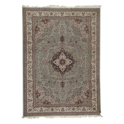 Tapis vert clair et bleu marine noué à la main de haute qualité