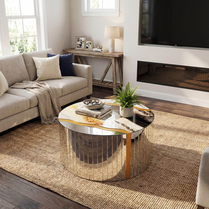 Table basse ronde avec plateau en marbre blanc et base de miroir cylindrique argentée avec finition poussière d'or, table d'appoint moderne
