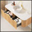Meuble-lavabo mural 48 po avec rebords courbés, armoire de rangement rayée, lavabo rond en céramique blanche et finition grain de bois naturel