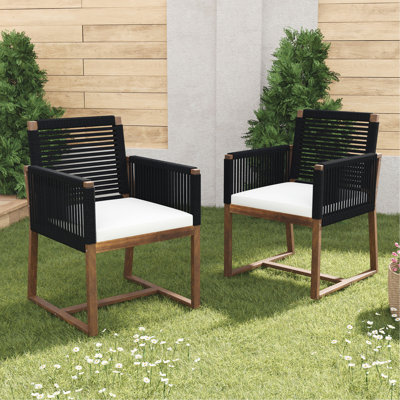 Ensemble de 2 chaises de salle à manger d'extérieur, fauteuil de patio en bois d'acacia avec dossier en corde et accoudoirs et coussin lavable