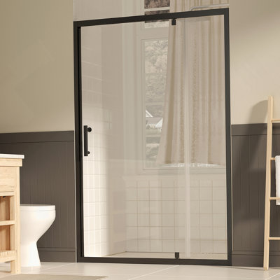 Porte de douche pivotante l 47 à 49 po x H 72 po, porte de douche en verre trempé clair de 1/4 po (6 mm) avec film anti-explosion, revêtement réversible Nano facile à installer, noir mat