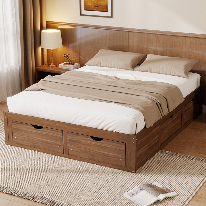 Lit plateforme avec 6 tiroirs de rangement, lit de rangement en bois de pin, Grand lit, Noyer