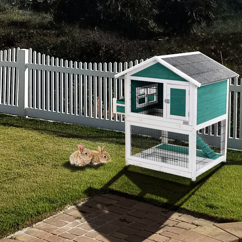 Cage à 2 étages avec toit imperméable et plateau coulissant - Bois massif, convient pour 1 à 2 lapins, petits lapins en bois et hamster idéal