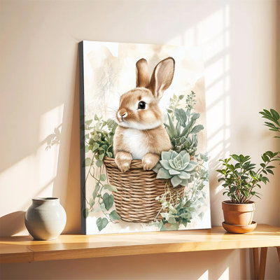 Lapin aquarelle dans un panier en osier avec des plantes succulentes, grande toile tendue sur châssis pour salon ou chambre