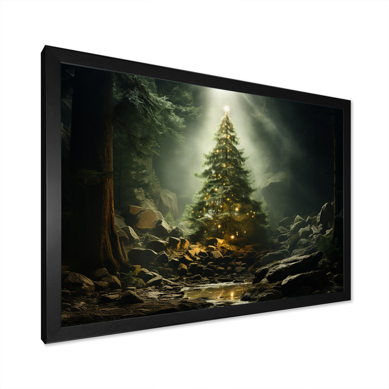 Arbre de Noël vert magique - décoration murale paysage d'hiver, H 24 po x l 32 po x P 1 po, Cadre d'angle fermé noir
