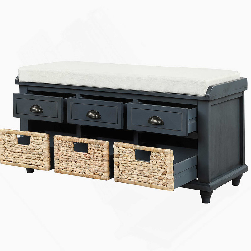 Banc de rangement rustique avec 3 tiroirs et 3 paniers en rotin, banc à chaussures pour le salon, vestibule (marine antique)