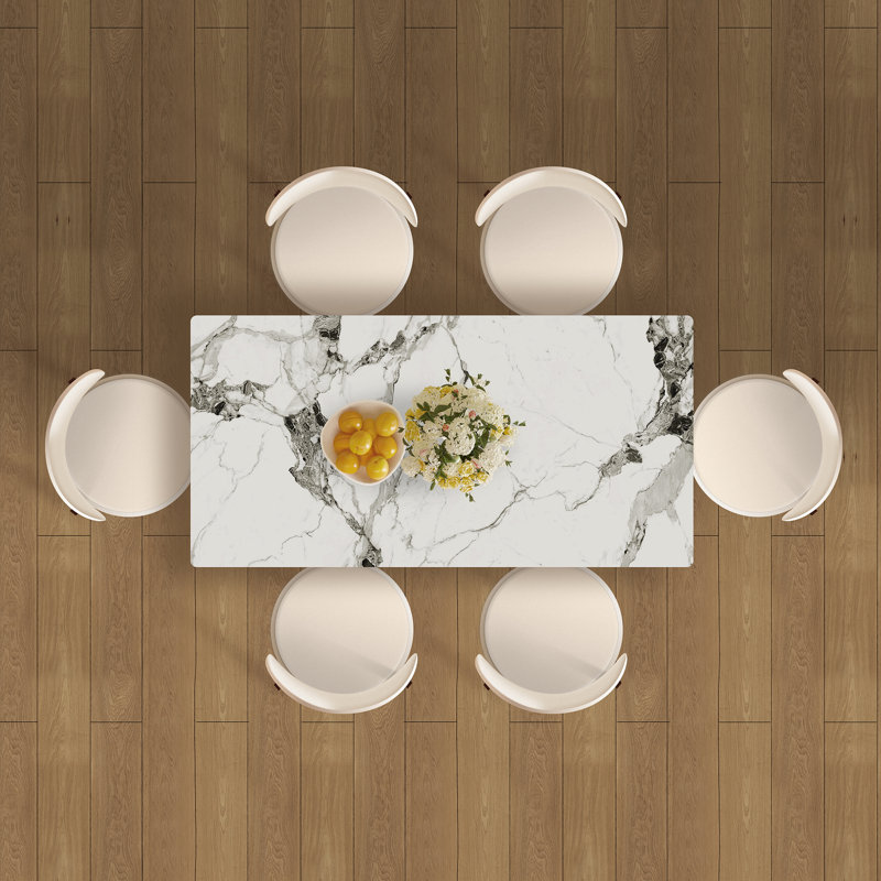  Ensemble de table de salle à manger de 63 pouces avec 6 chaises, bureau de cuisine en pierre frittée avec armoire de rangement, blanc et or