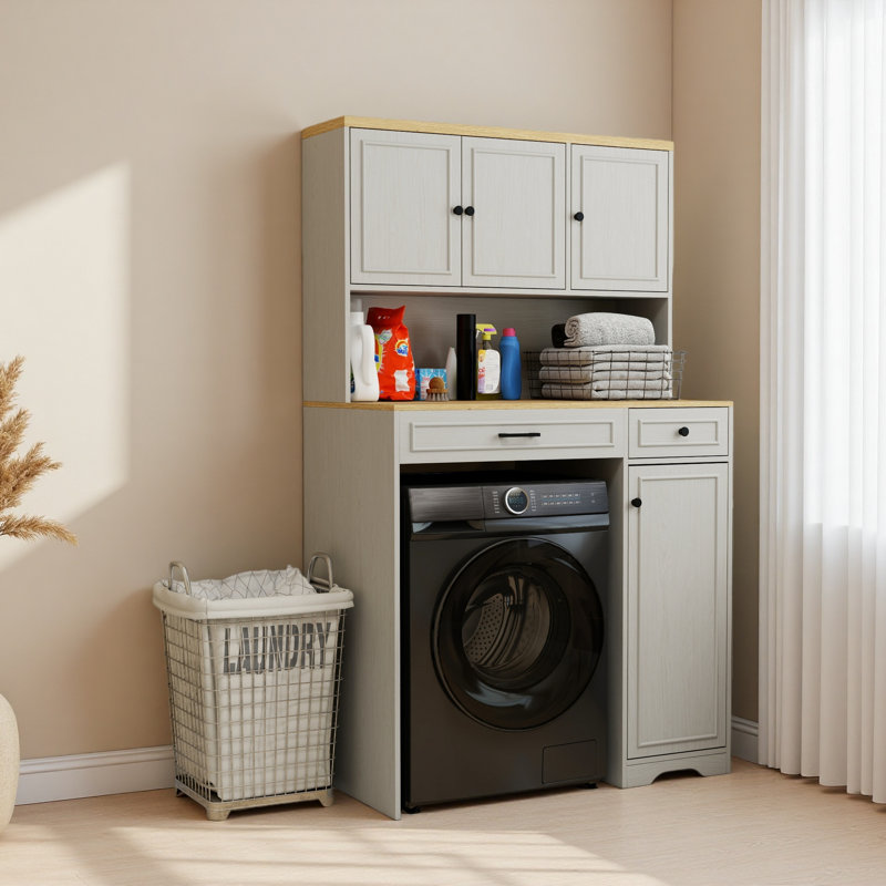 Over The Washer, Dryer And Robot Vacuum Storage Cabinet Suitable For Compact Washing Machines, Laundry Room Storage Organizer With 1 Laundry Basket, 1 Drawer And 2 Adjustable Shelves