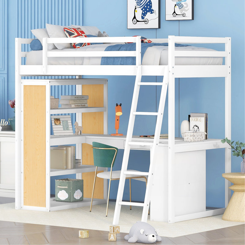 Lit mezzanine simple avec échelle, tablettes et bureau, blanc, Lit simple, Blanc