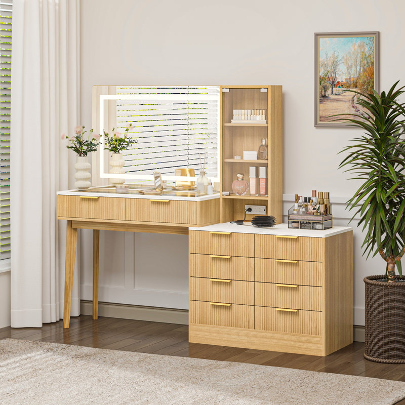 Makeup Vanity Desk with LED Lighted Mirror, 10 Drawers, Glass Door Display Cabinet, Built-In Power Outlet & USB Ports, Fluted Design Vanity Table with Solid Wood Legs, Natural