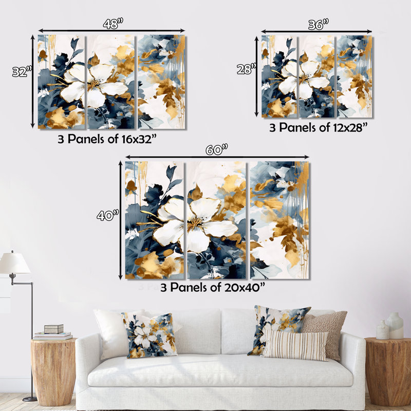 Hibiscus bleu et blanc, harmonie tropicale sur toile, 3 pièces, H 28 po x l 36 po x P 1 po