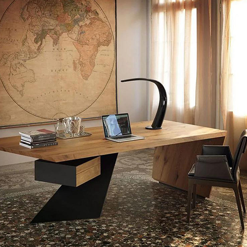 Noir + brun Bureau rectangulaire en bois massif + fer, H 29,53 po x l 86,61 po x P 35,43 po