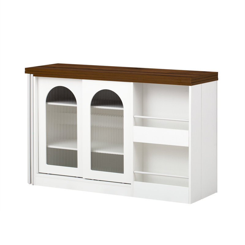 Table de bar moderne, table de bar rotative extensible à 360 ° avec rangement, table de bar réversible avec porte d'armoire en verre, table de bar pour meuble-bar de cuisine