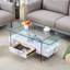 Table basse moderne à deux niveaux - Verre trempé transparent et texture marbre, design de rangement multifonctionnel L'étage inférieur comprend un tiroir