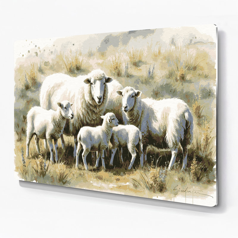 Farm Sheep with Lambs Beige Metal Wall Art, 11" H x 14" W