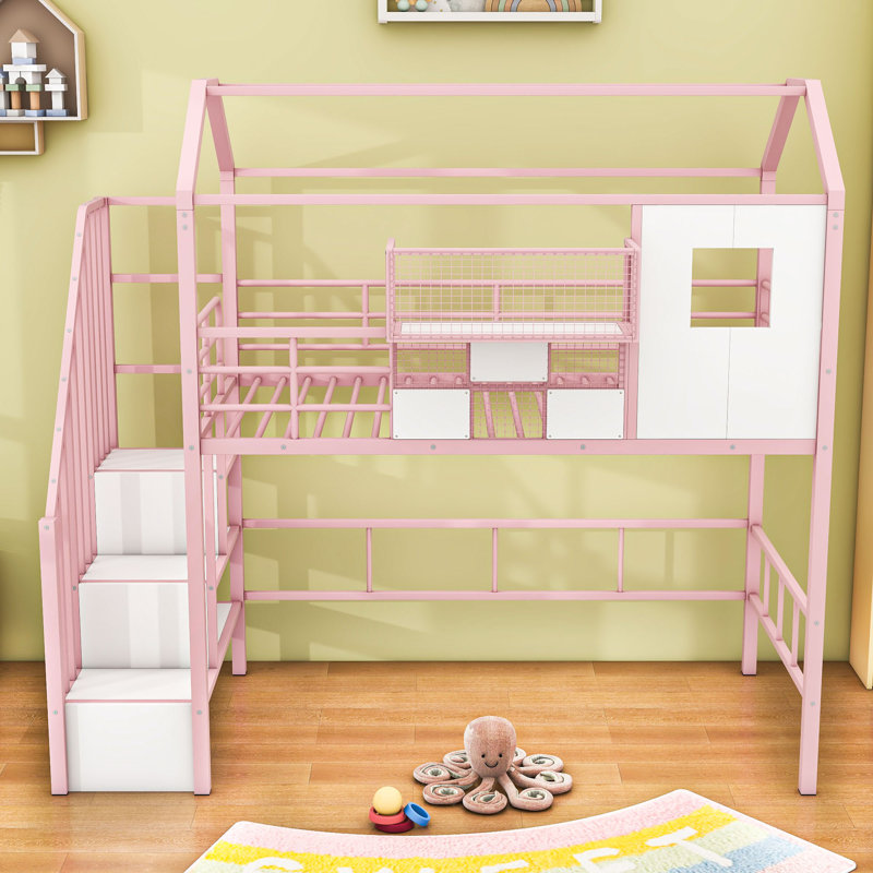 Twin Metal Loft Bed With Roof Design, Pink