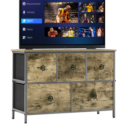 Cesare 31.5" W Farmhouse Small Dresser, 5 Drawer Dressers, Wide Chest of Drawers with Fabric Storage Drawers for Living Room, Hallway, Kids' Bedroom