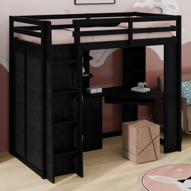 Lit mezzanine avec grande armoire intégrée, bureau, Noir