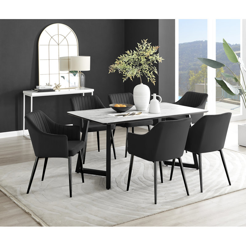 Industrial Design White & Grey Marble Effect Melamine Dining Table Set with 6 Velvet Dining Chairs, Black
