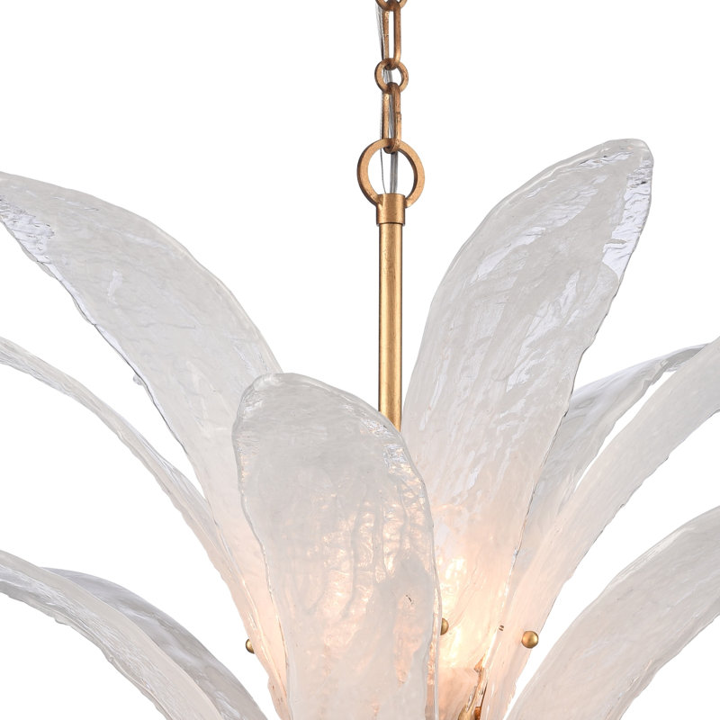 Luminaire suspendu 32,25 po Fiore en feuille d'or antique avec verre brume arctique texturé
