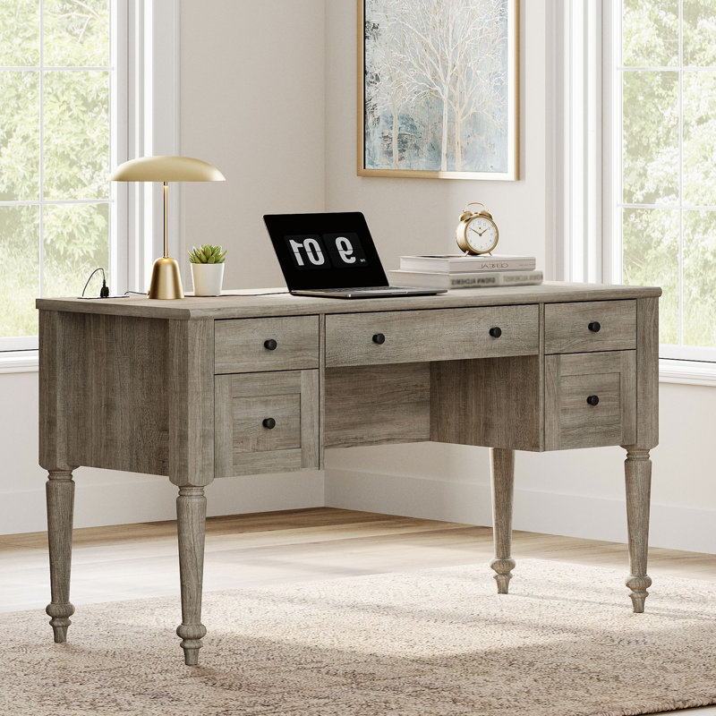 Scarlett Farmhouse 56'' Executive Desk With 5 Drawers, Home Office Desks With Charging Station, Wood Computer Desk With Rear Storage Compartment Design, Writing Desk For Work And Study
