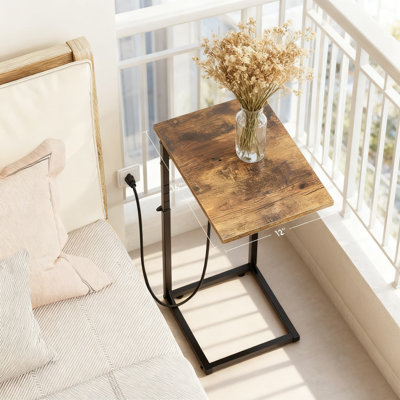 C-Shaped End Table With Charging Station, Adjustable Height Sofa Side Table With Storage Bag, Slide Under Couch TV Tray Table For Living Room And Bedroom