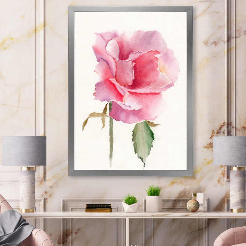 Fleur rose vif rétro - peinture sur toile, Cadre photo argenté, H 32 po x l 16 po x P 1 po