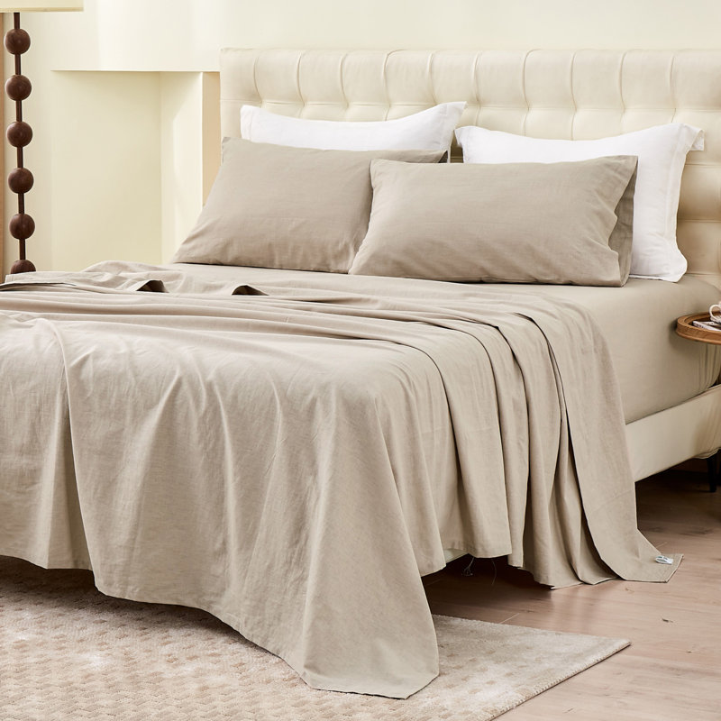 Linen Cotton Flat Sheet(Khaki,Cal King), Cal King, Khaki