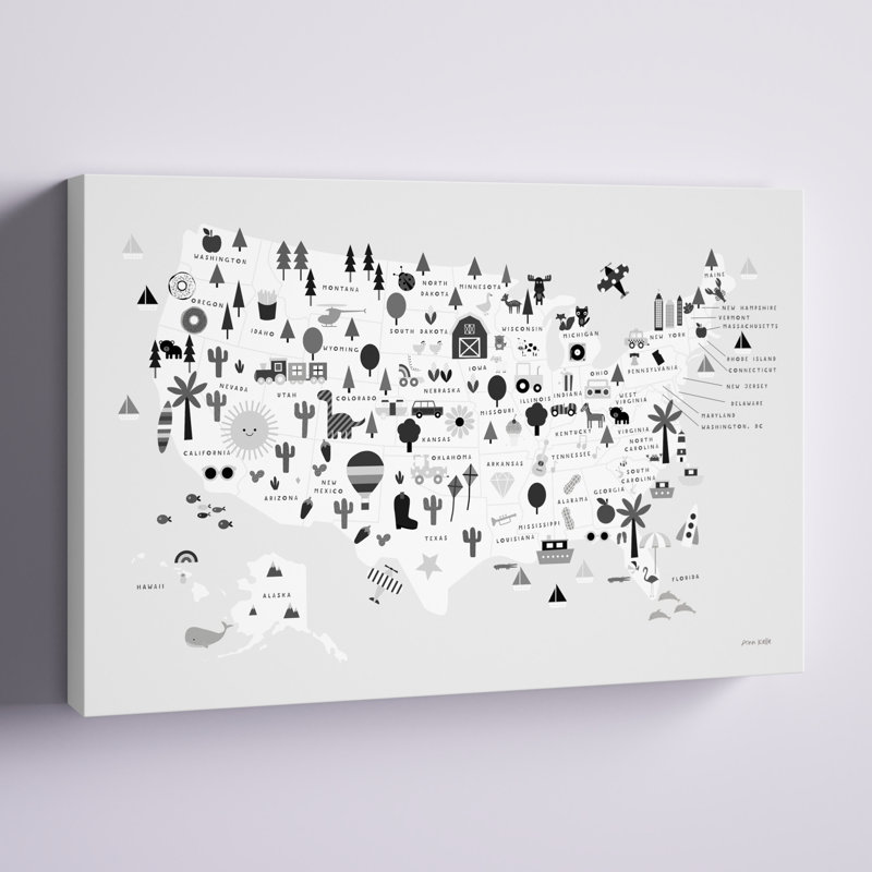 " Fun USA Map BW " by Ann Kelle, 8" H x 12" W