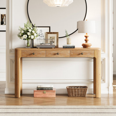 Console rustique avec coins arrondis pour la sécurité, table d'entrée avec 3 tiroirs dissimulés, table de canapé robuste avec des pieds épais pour le couloir et le salon (naturel)