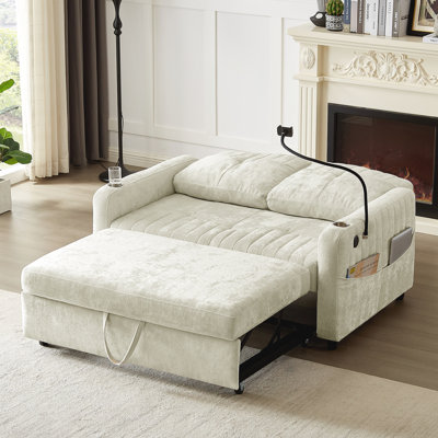 Canapé-lit moderne avec causeuse coulissante avec dossier réglable, deux porte-gobelets, un support pour téléphone, trois ports de chargement et des poches de rangement latérales pour le salon