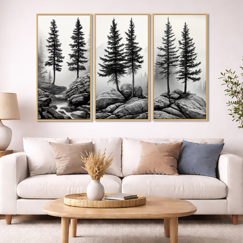 «Twin Pine Trees» par River Stream - Pine Trees, reproduction sur toile encadrée 3 pièces, 40" H x 60" W