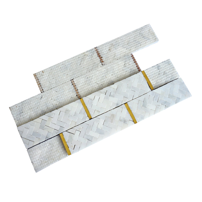 Natural 3" x 3" Natural Stone Brick Joint Mosaic Wall Tile, White/Gold