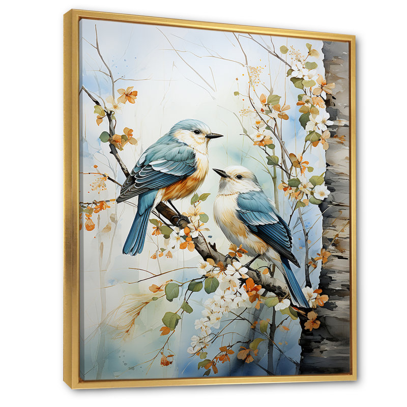 «Birds On Amercian Basswood Tree Bird», art sur toile, arbres, Cadre flottant doré, H 32 po x l 16 po x P 1 po
