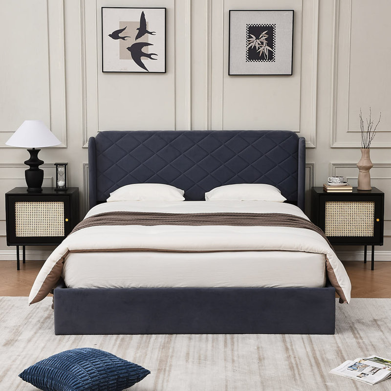 Lit plateforme tapissier avec rangement Gaillarde, Très grand, Bleu brumeux
