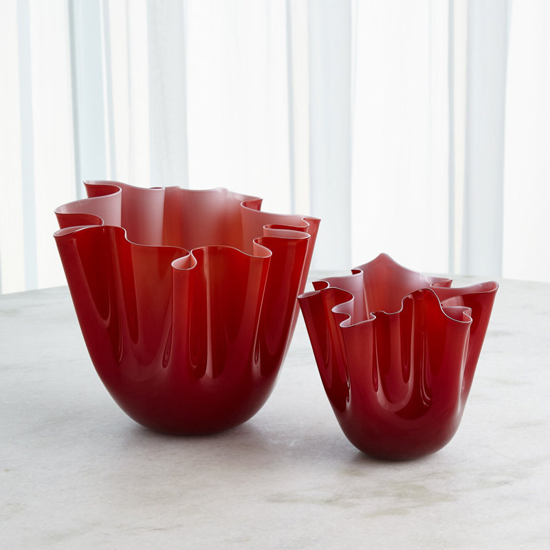Handkerchief Handmade Glass Table Vase, Deep Red, 7.5" H x 8.75" W x 8.75" D