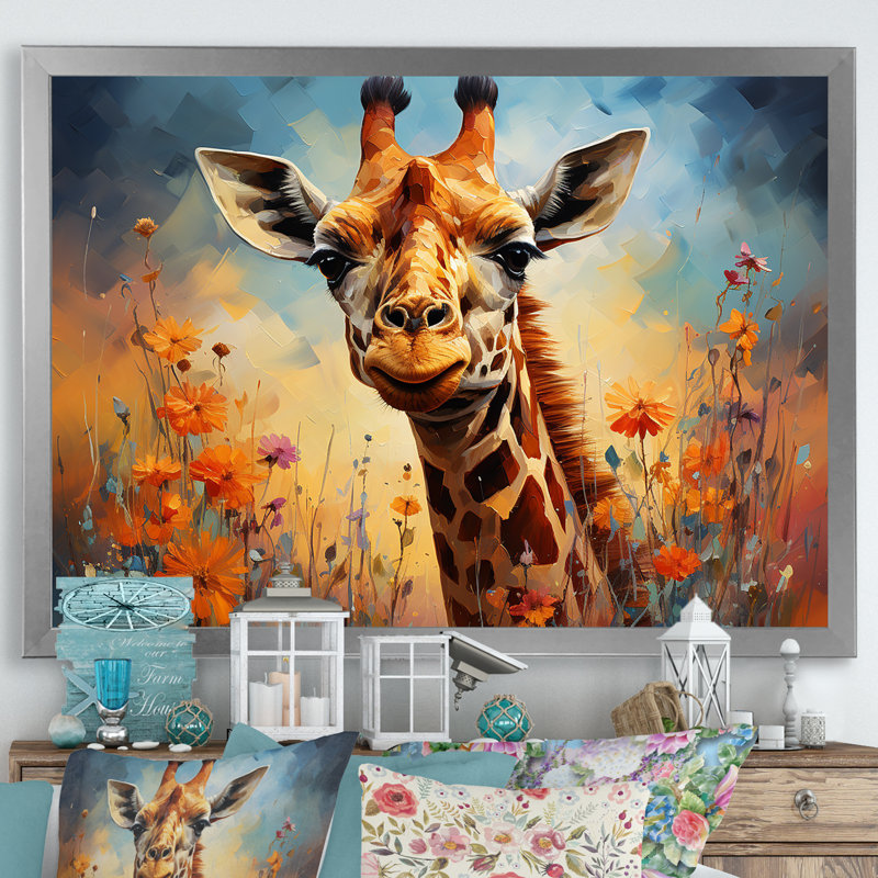 Girafe brune expressionniste - impression, Cadre simple argenté, H 12 po x l 20 po x P 1 po