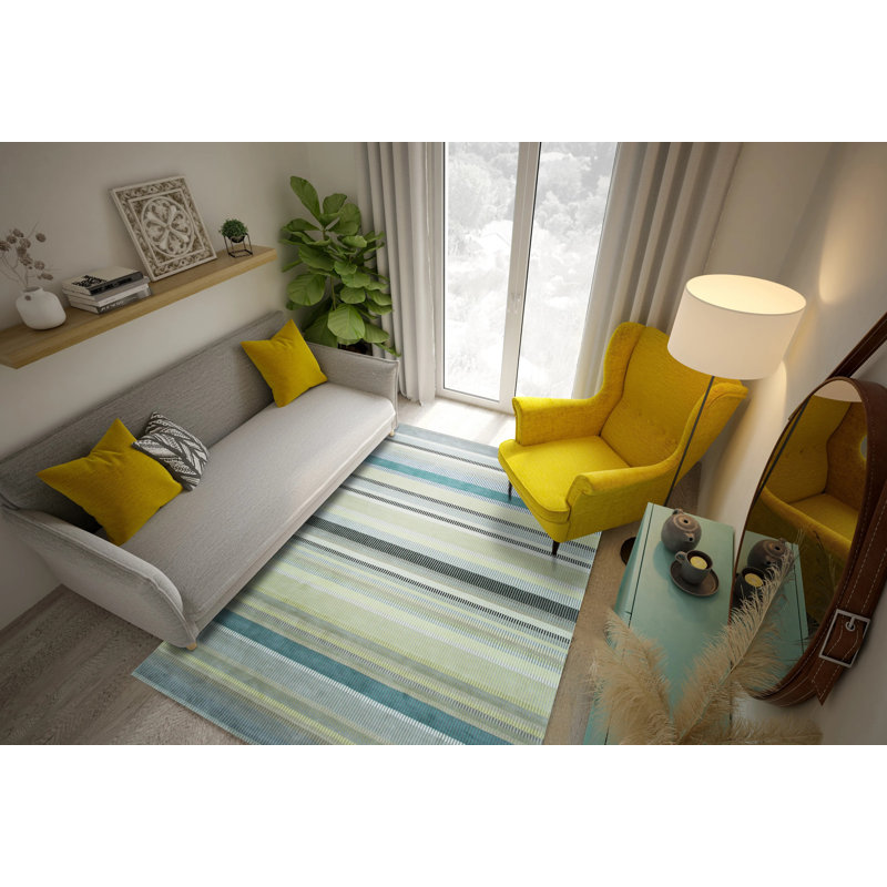 Contemporary Striped Light Gray Handmade Light Green Modern Hand-Knotted Wool Area Rug, Rectangle 9' x 12'