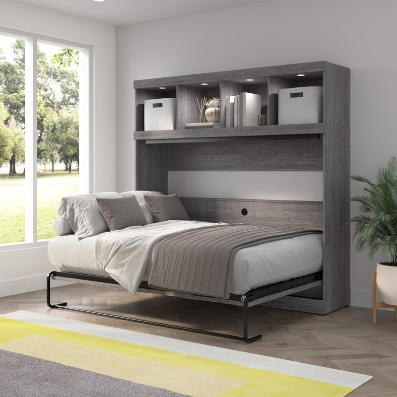 Lit escamotable horizontal de 80 W avec rangement supérieur gris écorce, Lit double, Gris foncé