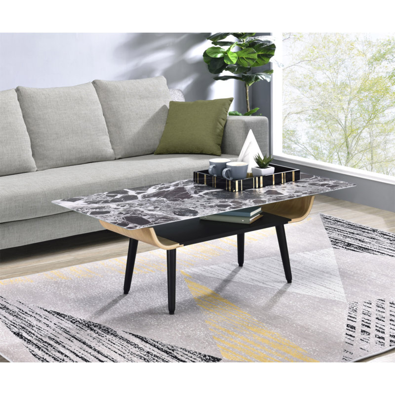 Table basse Landon de 47 po avec plateau en verre marbré noir et bois cintré, Noir